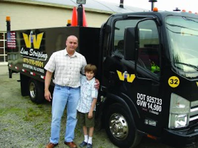 Vinny Toth, with son Vincent Jr., says V & V Line Striping carries no corporate debt, which not only assures survival but helps the company be competitive. 'When times get tough and people have to lower their prices there's no one that can compete with us because we don't have any debt to finance,' he says. 'If we have to get a job in that kind of environment we can blow people away.'