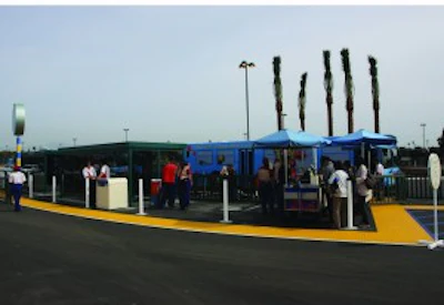 Alignment of the lines of domes is important for wheelchair riders and pedestrians with walkers. Keeping that alignment around a radiused curb is one of the advantages of a flexible mat over a rigid tile system.