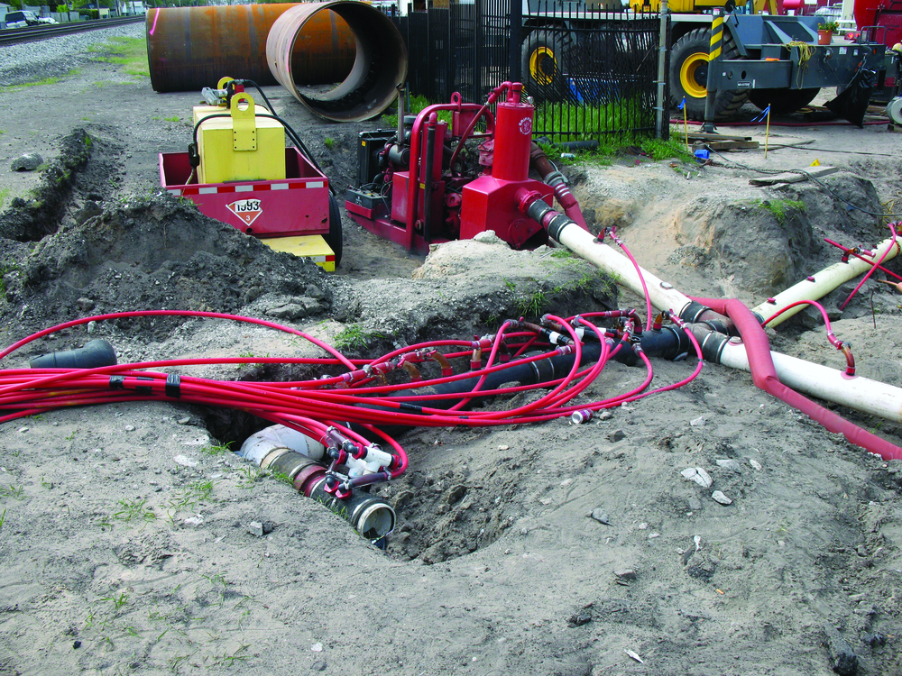 It’s important to understand how the jobsite layout will influence pump configuration and setup. Here, a Griffin non-clog pump is shown using a wickpoint dewatering method.