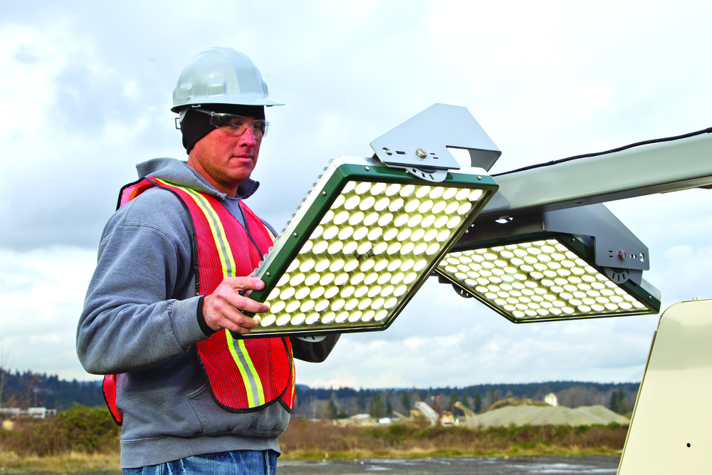 Terex LED light towers feature four panels, each with 100 individual LED bulbs.