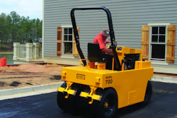When completing chipseal projects, pneumatic rollers will set the aggregate in the oil without breaking the edges of the rock. Courtesy Basic Equipment, www.basicequipment.net.