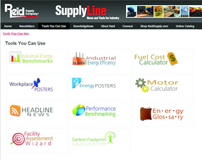 Additional tools include Industrial Energy Benchmarks, Performance Benchmarking, Facility Assessment Wizard, Fuel Cost Calculator, Motor Calculator and an Energy Glossary.