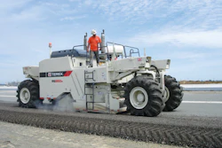 With its 950-hp diesel engine, the RS950B delivered a 40% production increase over the 600-hp machine when reclaiming 8 in. of military-grade asphalt and 3 in. of Macadam at Travis Air Force Base. (photo courtesy: Herrmann Equipment)
