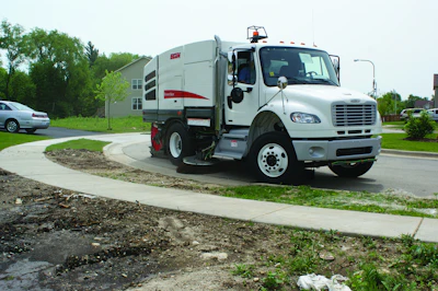 Unlike parking lot sweeping, construction sweeping may require a larger sweeper to pick up debris such as heavy fine dust, rock, stone, gravel, mud, and small pieces of 2x4s.