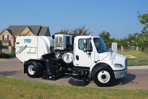 Filling a sweeper with compressed natural gas can be a little slow, and it can take all night to fill up a sweeper at a slow fill station. Some of the bigger fleets, such as those operated by Los Angeles, rely on a fast-fill station where large tanks are already filled with pre-compressed natural gas, so operators simply fill sweepers from the one big tank; they don't have to compress the gas first.