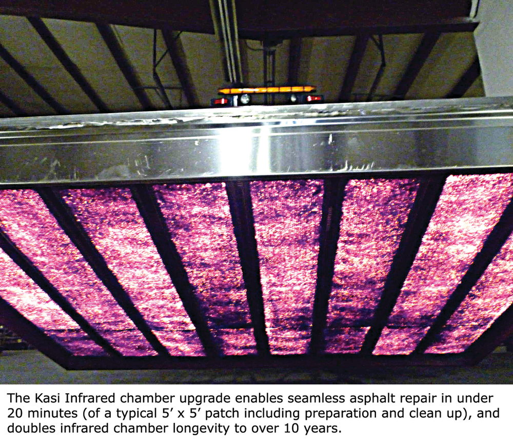 Infrared radiation is used to heat the asphalt pavement, softening it without damaging the asphalt 2 to 2-1/2 in. deep. Normal heat time is less than 7 minutes.