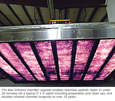 Infrared radiation is used to heat the asphalt pavement, softening it without damaging the asphalt 2 to 2-1/2 in. deep. Normal heat time is less than 7 minutes.