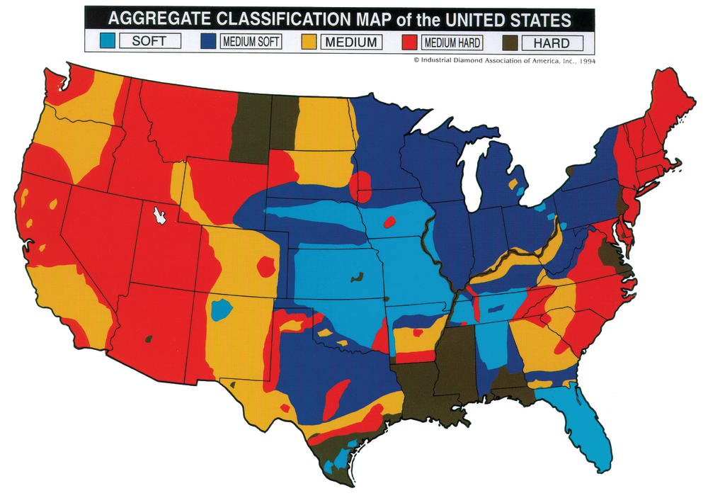 Map of the U.S. featuring general hardness of the aggregate in that geographical location. Areas in red (California, Arizona, etc.) are granite, slate, traprock, basalt and quartzite. Areas in brown (Louisiana, Mississippi, etc.) are hard chert, quartz, flint rock and hard river rock. Areas in dark blue (Wisconsin, Indiana, etc.) are pit gravel, limestone and dolomite. Areas in light blue (Kansas, Missouri, etc.) are soft limestone, sandstone, dolomite limestone, siliceous and soft shell. Areas in yellow (New Mexico, Colorado, etc.) are medium hard river gravel, medium traprock, decomposed granite and medium crushed gravel.