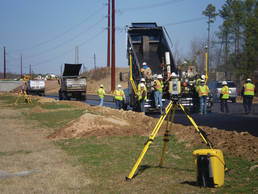 Since the project is fairly complex with Y-lines, frontage roads, and numerous exits and on-ramps, SPS930 Universal Total Stations are used to more-accurately measure position, cross slope, and heading of the screed to automatically handle the transitions, super-elevated curves, and frequently changing cross slopes.