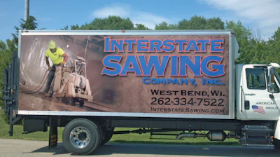 Interstate Sawing takes great pride in its trucks. Employees wash trucks every day, and each truck's primary operator is displayed in an action shot in a wrap on the side of each truck.