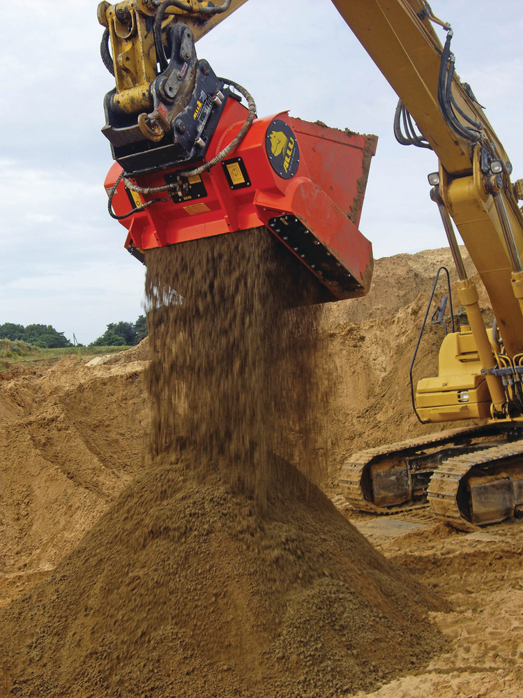 ALLU D-Series screener crusher buckets are capable of processing materials ranging from topsoil and clay, to blacktop and milled asphalt, to C&D waste and even glass.