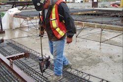 When tying rebar at ground level, using an extension handle on a powered rebar tying tool will help protect against back pain and injury.