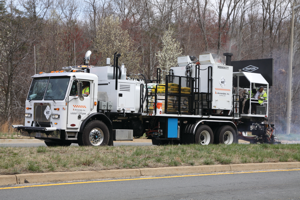 “Basically we stripe to shift traffic from old asphalt to new asphalt just after the paver is done,” says Sonny Younce, president. “We might have a shoulder built or a wedge constructed to carry the traffic after it shifts and once the paver constructs that we go in and mark it. Sometimes lanes shift when they’re building another lane completely.”