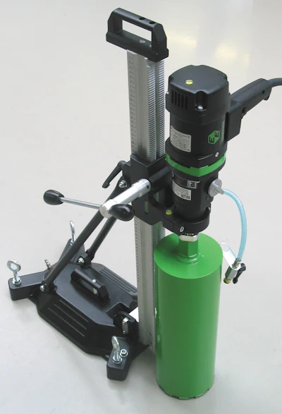 The C.S. Unitec END 130/3 PO is a versatile core drill unit. Users can drill up to 3-in.-diameter holes by hand, or up to 6-in.-diameter holes with it mounted to a rig, with or without a vacuum.