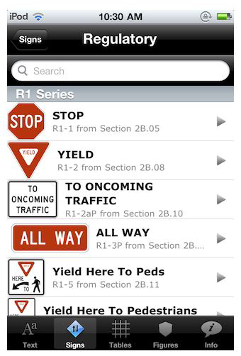 MUTCD mobile app signs reference page lets you quickly find images of signs from the 2009 MUTCD manual.