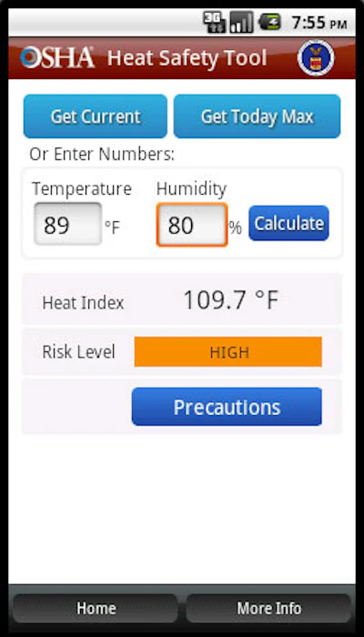 The OSHA Heat Safety mobile app combines heat index data with a user's location to determine the risk level of the heat index and then provide users with information about precautions they may take.