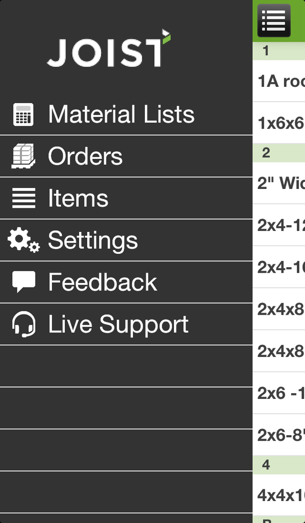The Joist Contractor Building Material Pricing Tool mobile app allows contractors to create a material lists which can be sent to up to three local suppliers to get pricing.