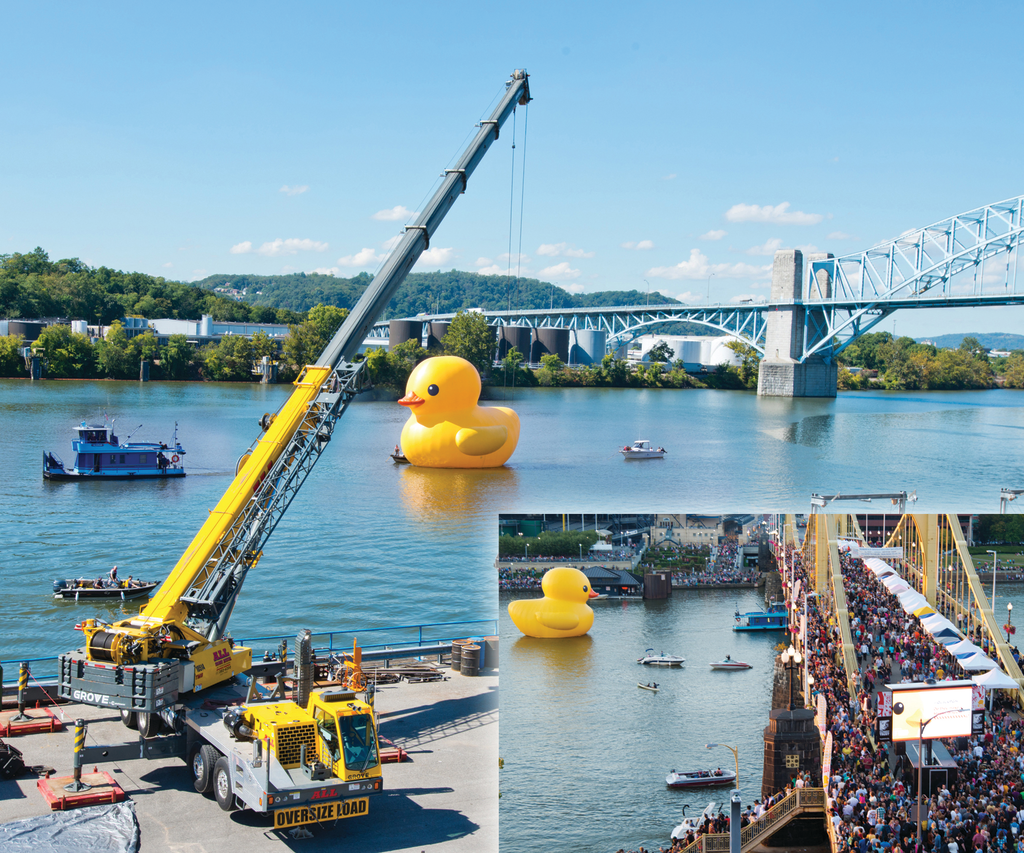 ALL Crane Rental of Pennsylvania, LLC used a Grove TMS9000 to set a 40-ft. rubber duck afloat on the Allegheny River in Pittsburgh. The globe-hopping duck is the vision of artist Florentijn Hofman.