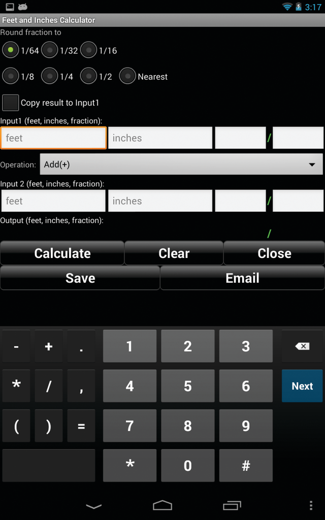The Handymand Calculator mobile app includes a feet and inches calculator as well as a time tracking tool.