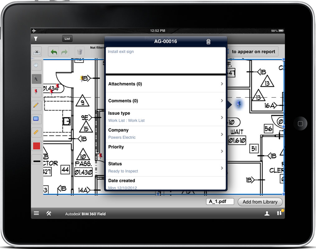 A pushpin feature lets the user 'drop' pushpins onto project drawings and photos indicating where there are issues that need to be fixed.