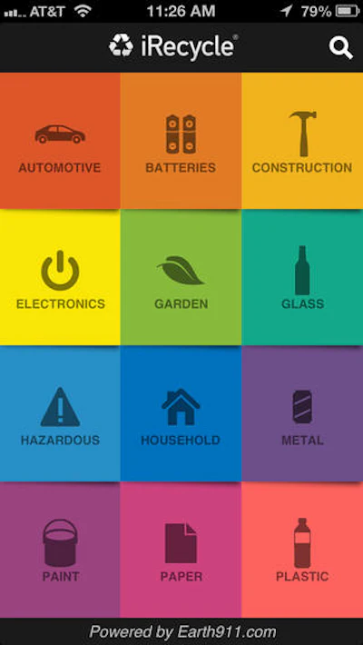 iRecycle lists a menu of recycling categories.