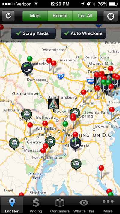 Map view allows mobile app users to see all the scrap yards closest to their location.