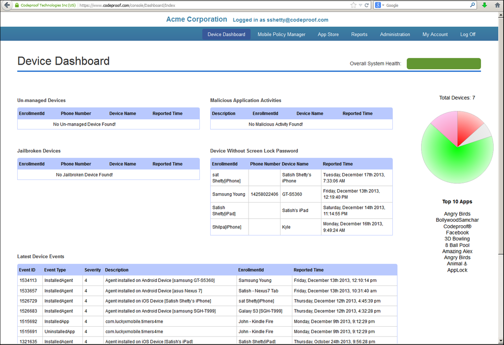 The app's dashboard warns users of real-time mobile security risks.