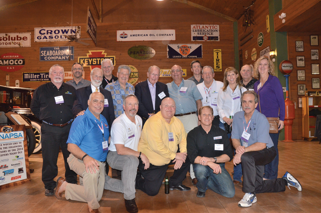 The North American Power Sweeping Association (NAPSA) turned its Sweepers Night Out at National Pavement Expo into a reunion of past presidents who have helped the organization from its infancy. Pictured standing, from left, Kerry Armstrong, Bob Hammond, Tom Maish, Gene Hanson, Tom Ostuni, Jerry Reilly, John Dubbioso, Gerry Kesselring, Mike Lucht, Rachel Gornowicz, Joe DeSantis, Debbie Jacketta. Kneeling, from left, are Gabe Vitale, Mark Carter, Carl Barton, Ken Lindsey (current president), and Jim Larko.