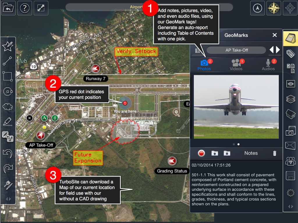 The app uses GPS or SPS (Sensor Positioning System) to know where you’re at in your drawing plan with or without connectivity to the Internet, satellites, cell towers or wifi.