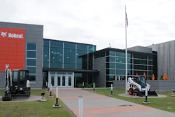 A Bobcat compact excavator and skid-steer loader greet visitors at the new Acceleration Center in Bismarck, N.D.