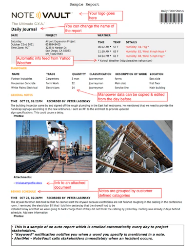 Each note is transcribed and automatically emailed the next day in text as a PDF Daily Report to project stakeholders.