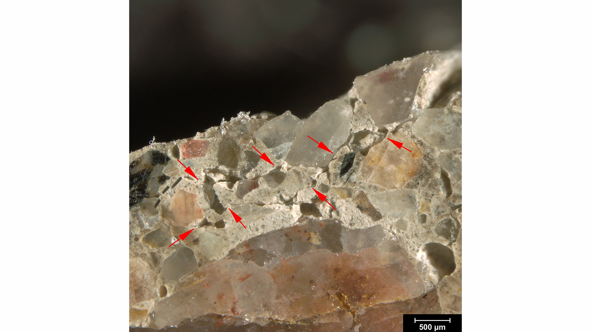 Figure 1: Reflected light photomicrograph of the polished surface of a core removed from a scaled sidewalk. The red arrows highlight microcracks subjacent to the scaled surface. This is an example of distress typical of classic freeze-thaw scaling.