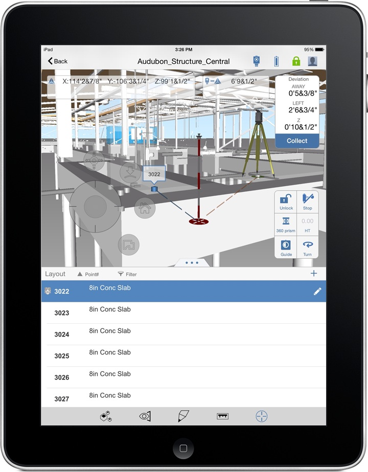 The BIM 360 Layout app features a first person immersive view of the building model as the user walks the jobsite to layout field points.