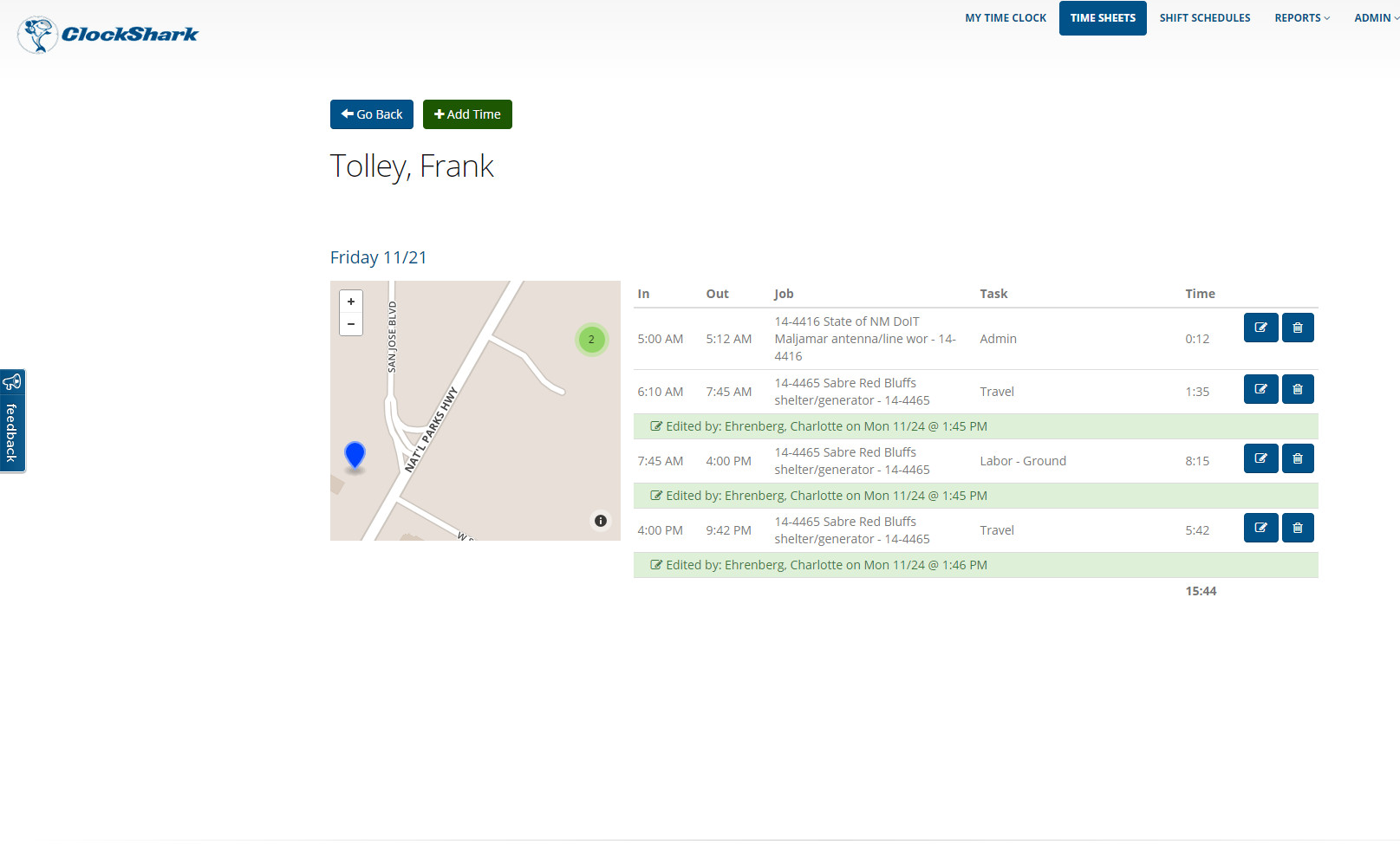 Once punched in or out, employee times and worked job codes from the app are automatically uploaded to the web dashboard.