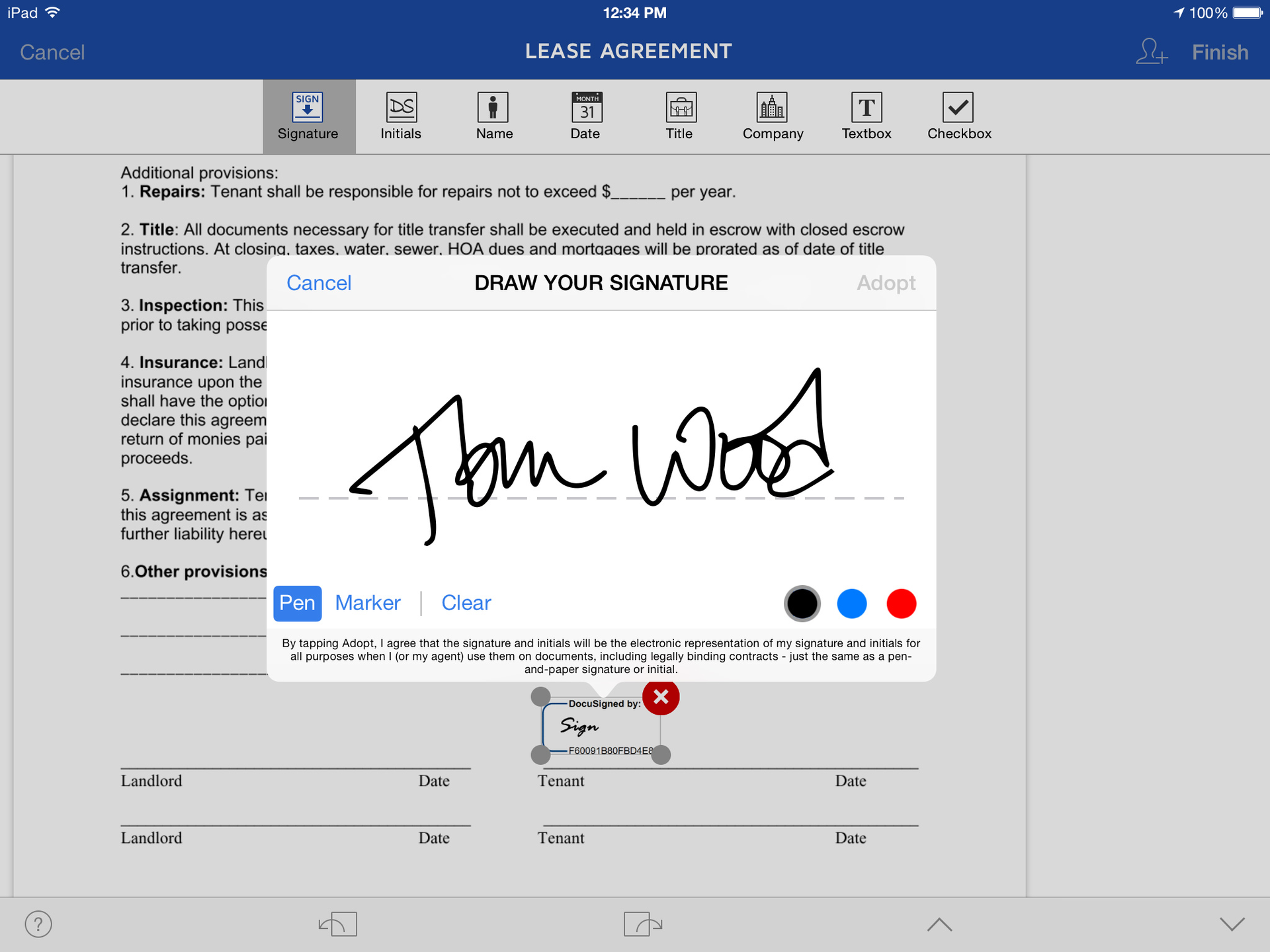 Create your signature and initials using your finger/stylus, uploading a picture of your signature, or selecting one of the preformatted styles.