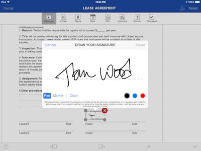 Create your signature and initials using your finger/stylus, uploading a picture of your signature, or selecting one of the preformatted styles.