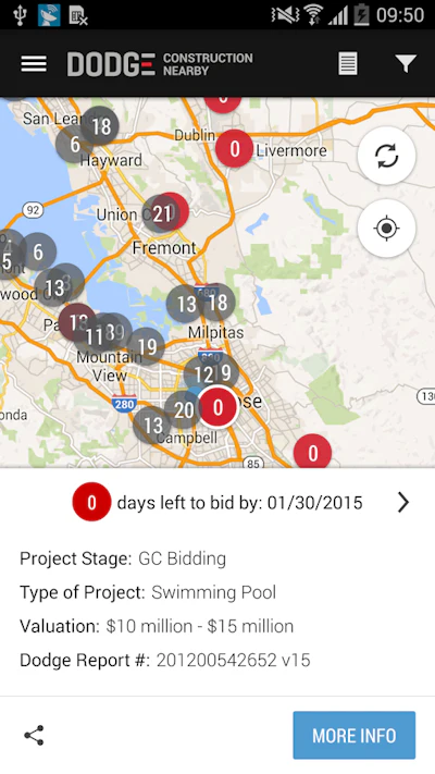 Nearby active construction projects are displayed as “job dots” on a map, and contractors can instantly find out not only where the job is but also when it is, job size, project stage, construction type and bid date.