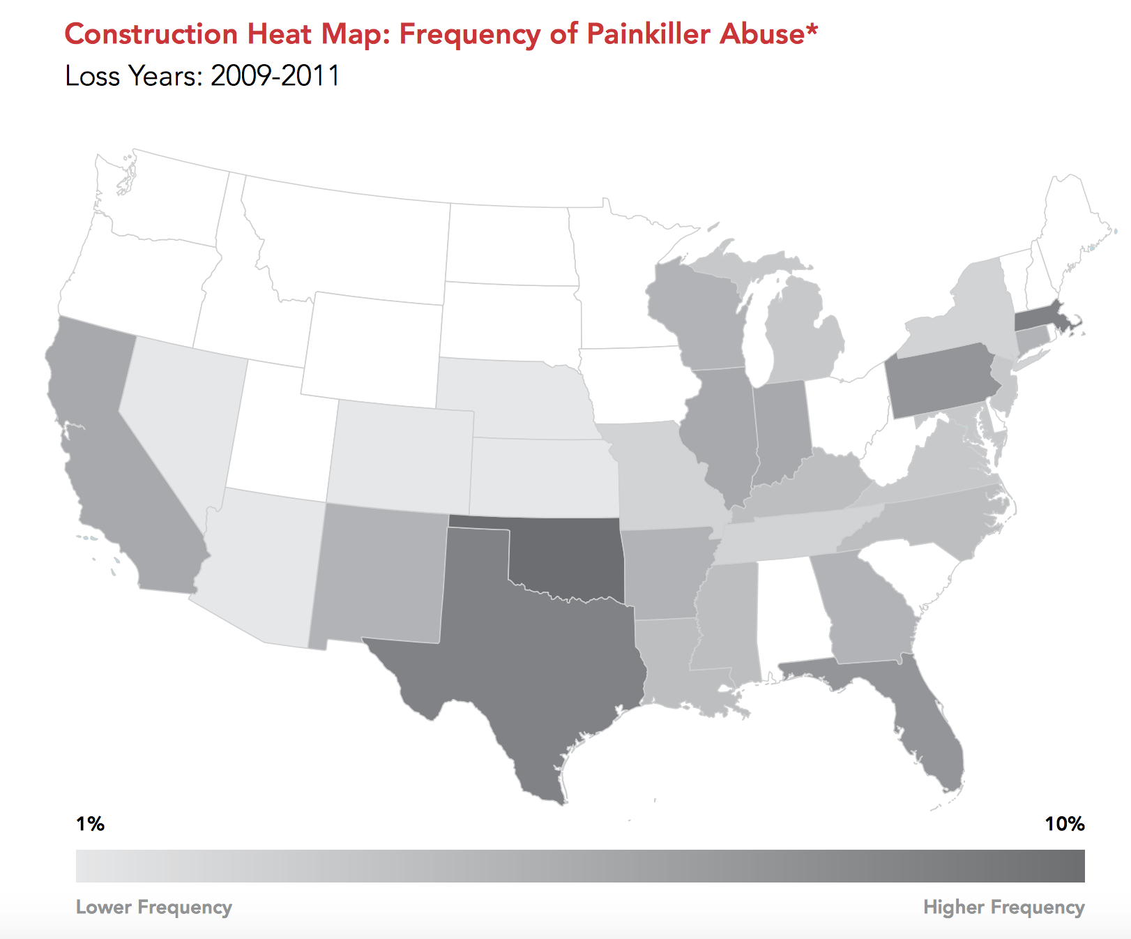The frequency of injured employees with a high probability of painkiller abuse can be depicted by state. In general, the darker areas indicate higher frequencies of painkiller abuse among injured construction employees.