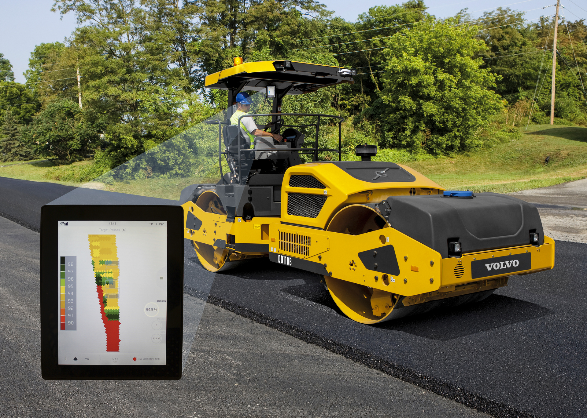 Density Direct provides a map showing each square foot of rolled asphalt in a color representing density, with a real-time numerical density reading in the corner of the screen.