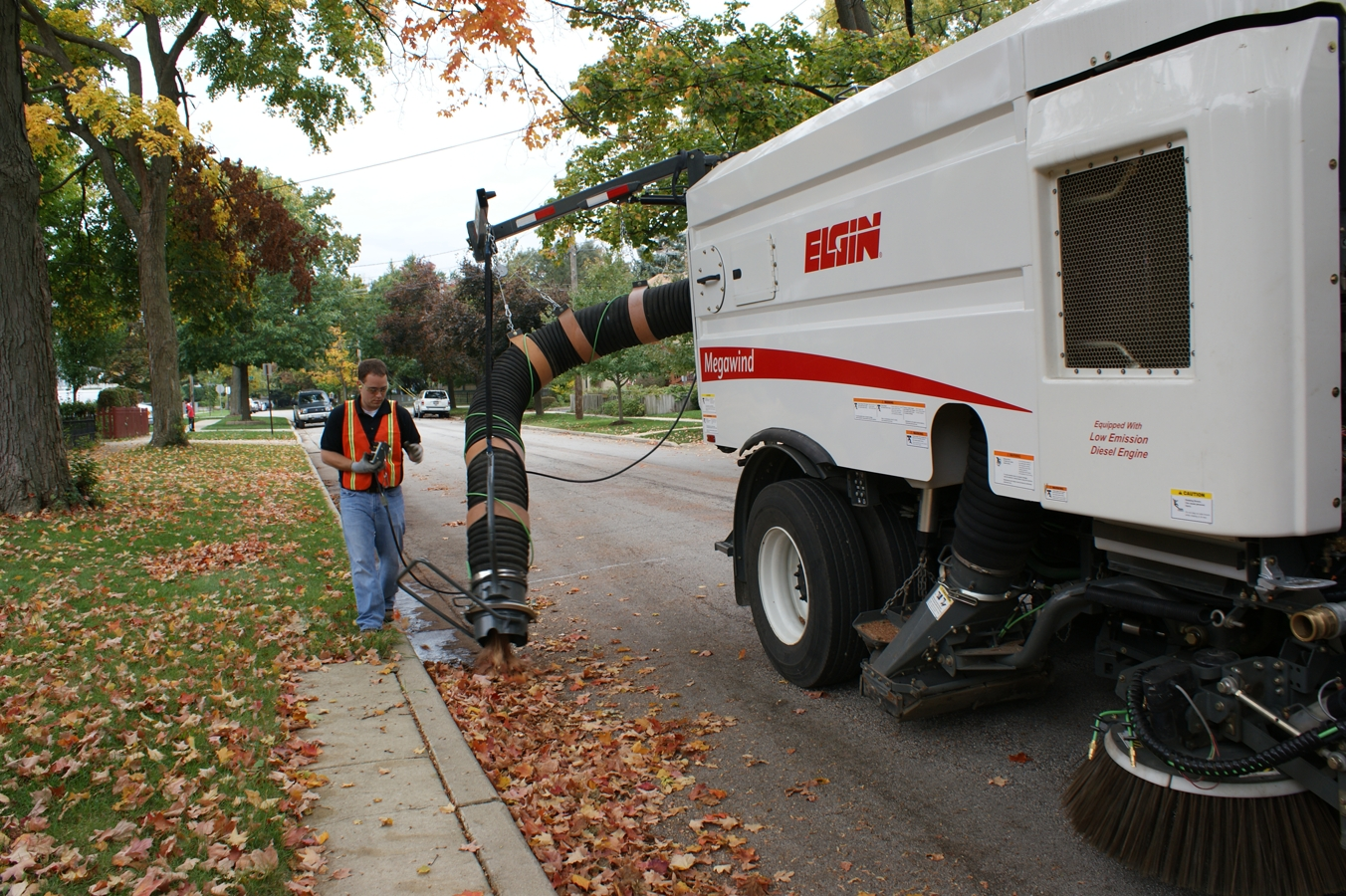 Air sweepers feature a wide pick-up head, large diameter suction hose and the ability to raise/lower the head hydraulically, all things that can make fall cleanup easier on the operator and the machine.