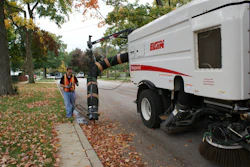 Air sweepers feature a wide pick-up head, large diameter suction hose and the ability to raise/lower the head hydraulically, all things that can make fall cleanup easier on the operator and the machine.