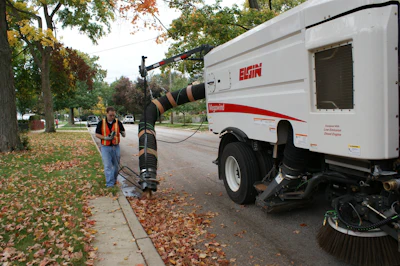 Air sweepers feature a wide pick-up head, large diameter suction hose and the ability to raise/lower the head hydraulically, all things that can make fall cleanup easier on the operator and the machine.