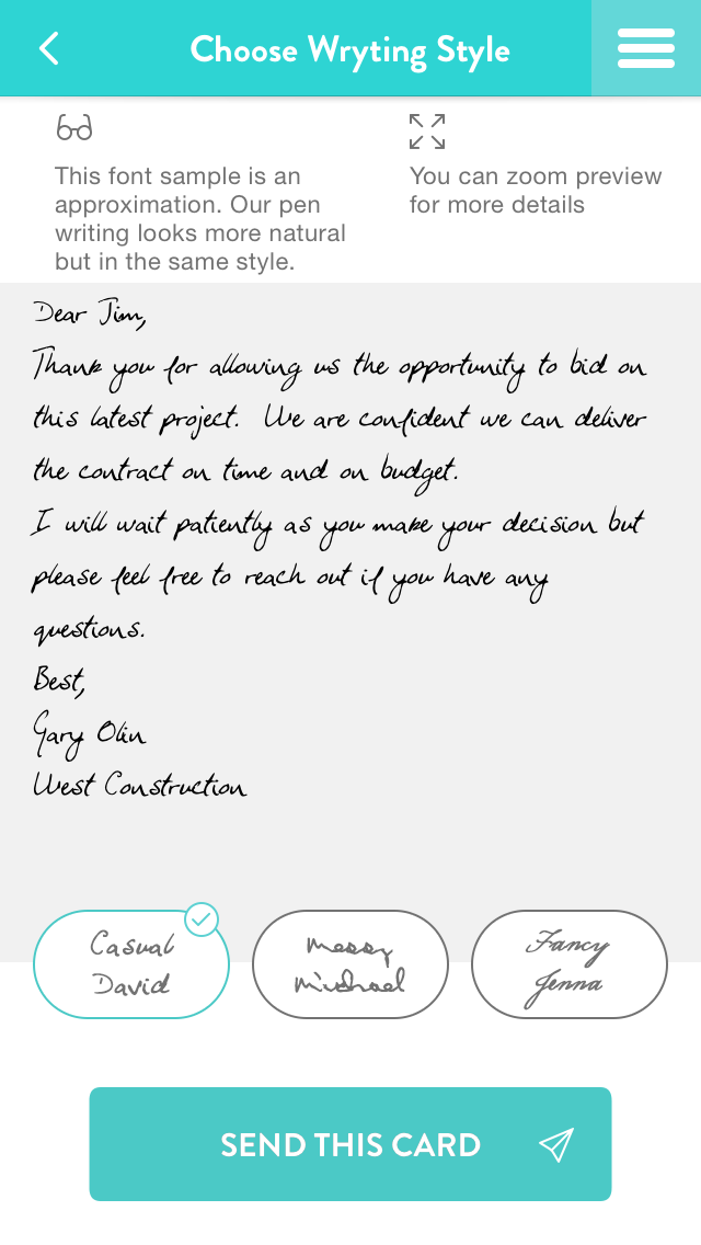 Handwrytten mobile app users select a card, type their message and can even include a gift card. Robotic handwriting machines then write the contractor’s message in realistic handwriting with a real pen on the card, address the envelope, insert optional gift cards and place it in the mail with a real stamp.