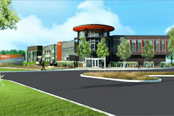 Architectural rendering shows the new front entrance to the new $9.5 million Bobcat and Doosan facility, West Fargo, ND.
