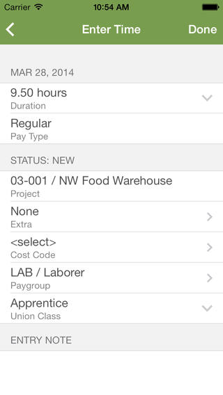 The app allows employees and supervisors log employee time worked, type of time worked and link entered time to the activity performed on the job or to non-job related items.