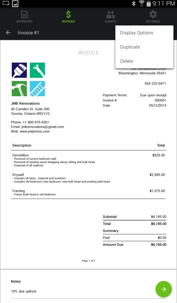 Customize estimates and invoices with a company logo, info, etc.