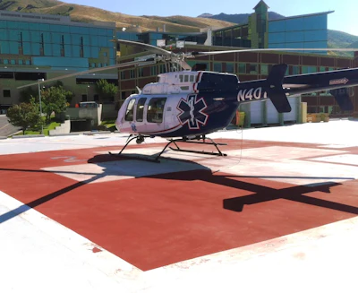 Helicopter landing on the new helipad at University of Utah Hospital.