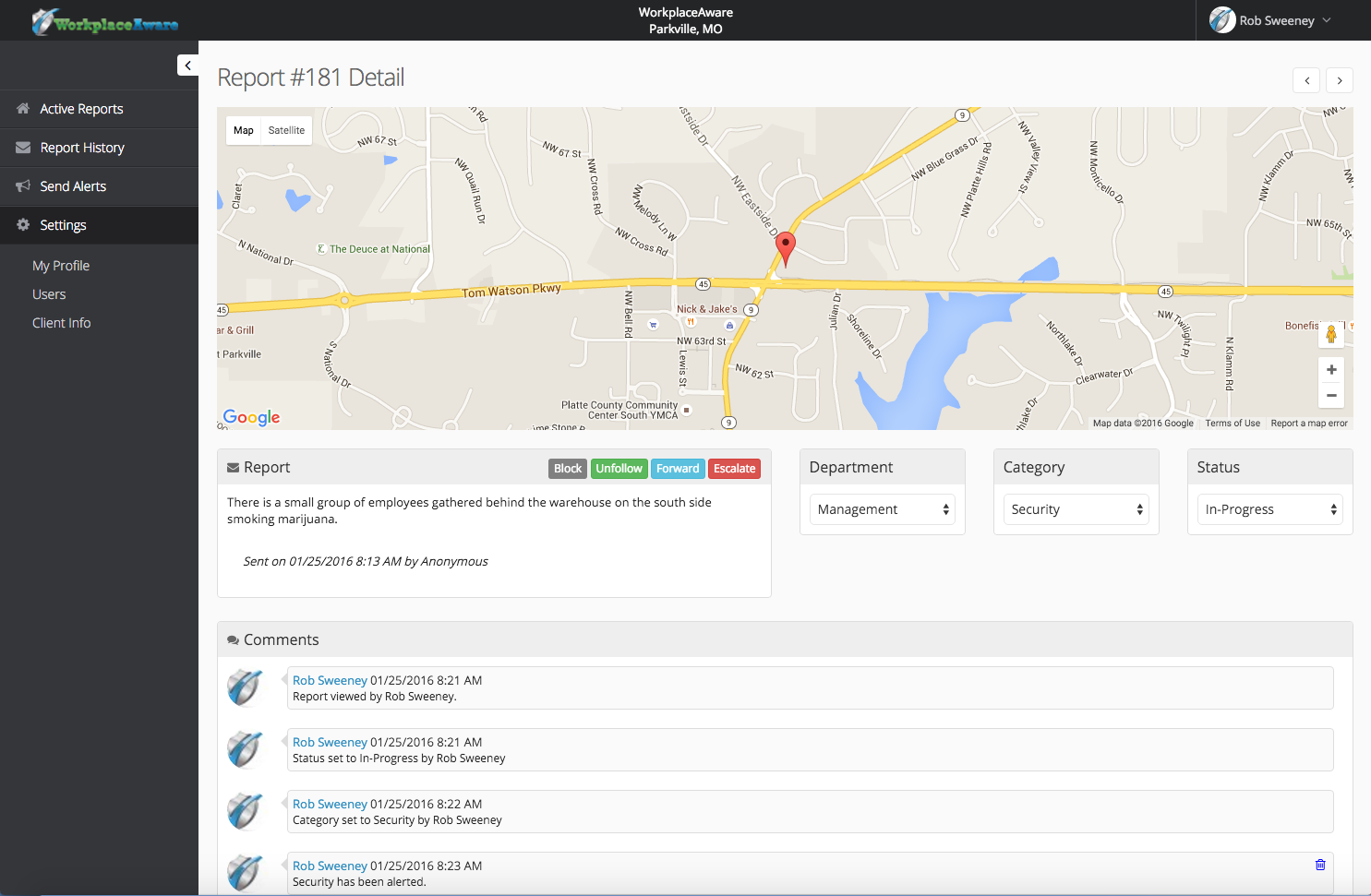 All reports submitted through the mobile app are geo-tagged based on a user's current location. This feature allows managers to respond to incidents faster and more accurately. In addition, the geo-tagging helps if employees forget to include location details when submitting text or photos.