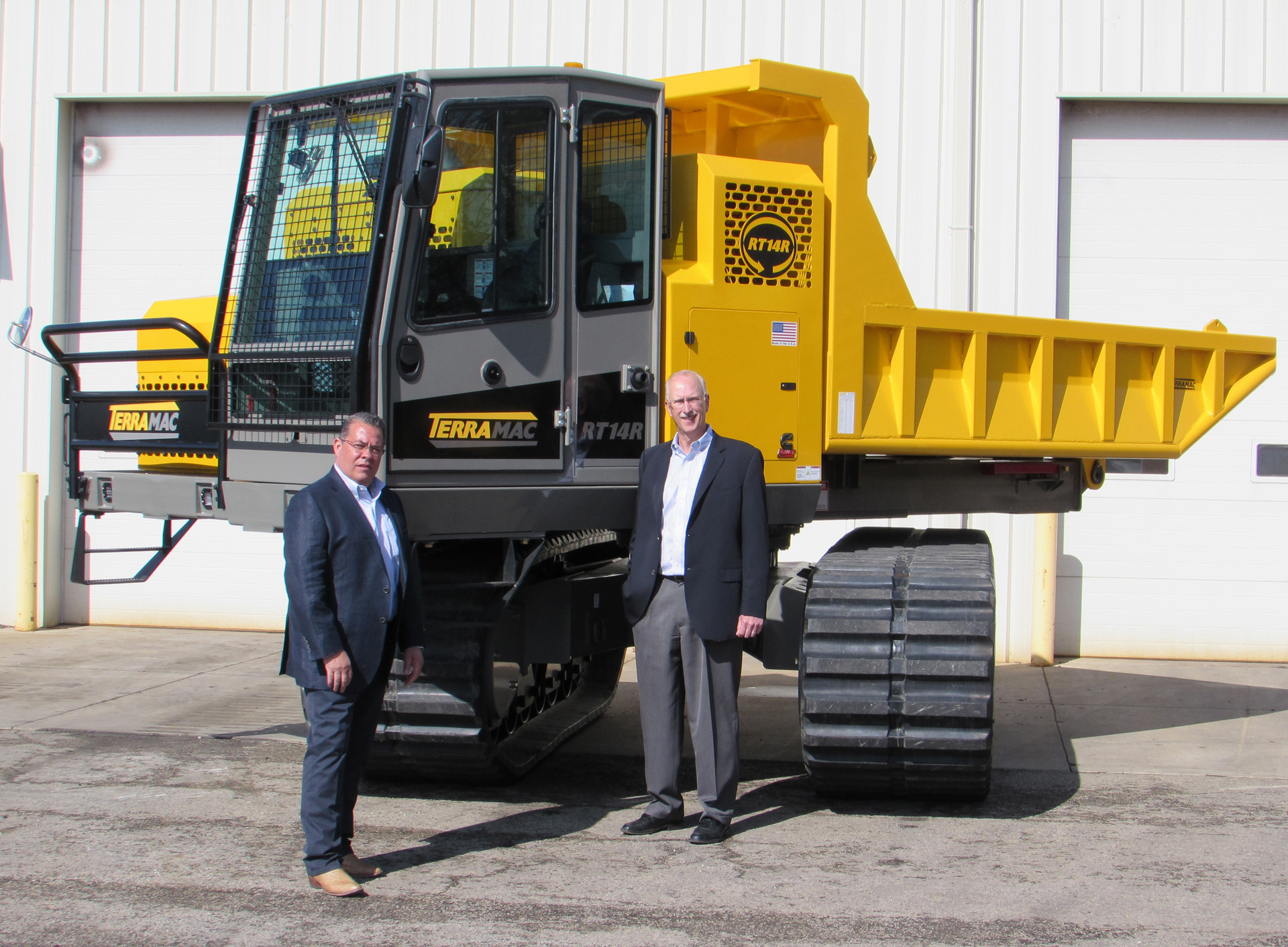 Mike Crimaldi, CEO of Terramac (left), and Andrew Konopka, President of Terramac (right), at the RT14R Tow & Show kick-off event at the company’s US headquarters in Elburn, IL.