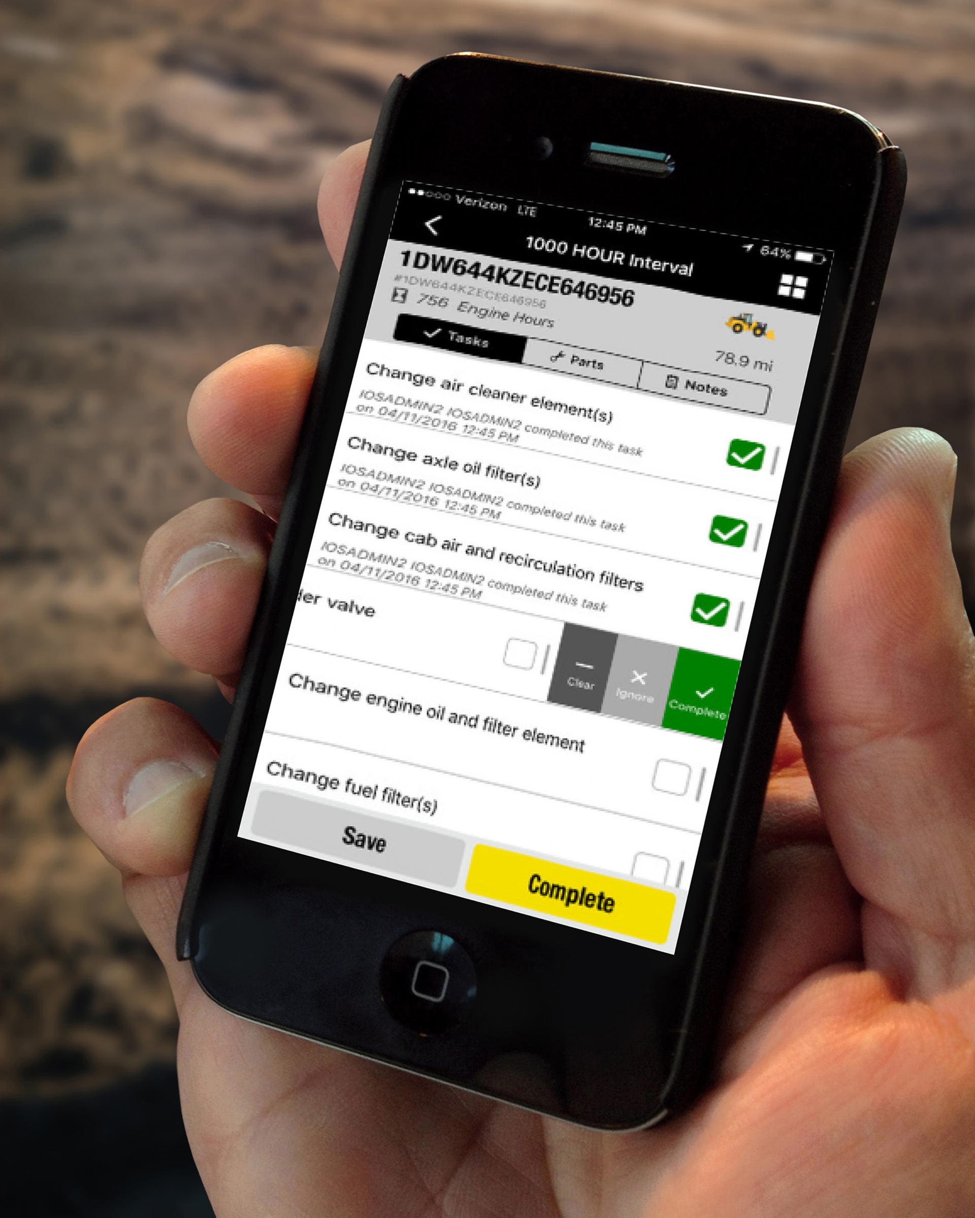 The MyMaintenance app allows the user to document completed maintenance by user and time stamp.